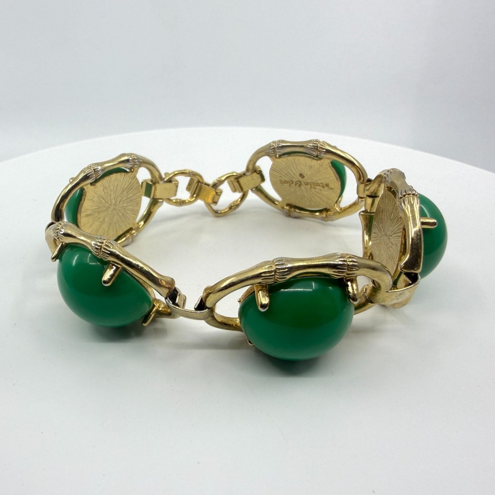 Stella & Dot Statement Bracelet Green Cabochon Gold Tone Bamboo Link Boho Chic